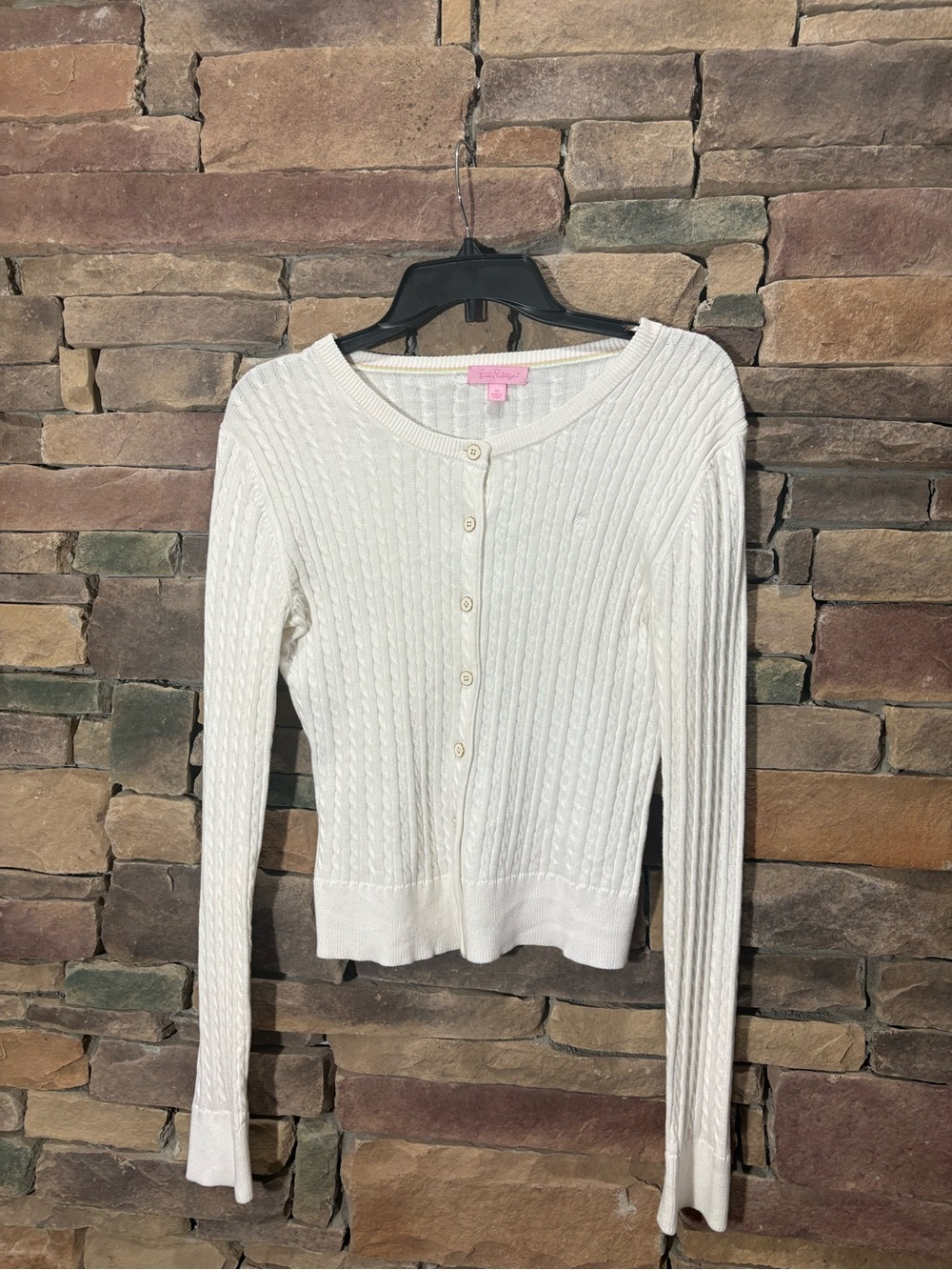 Lilly Pulitzer white, long-sleeve, cable-knit cardigan, size medium